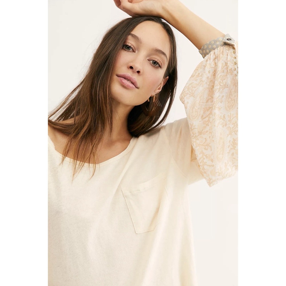 Free People We the Free Women's Small Ecru Jade Balloon Long Sleeve Boho Top NWT